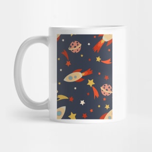 Retro Rocketship Racers repeat pattern on dark blue background Mug